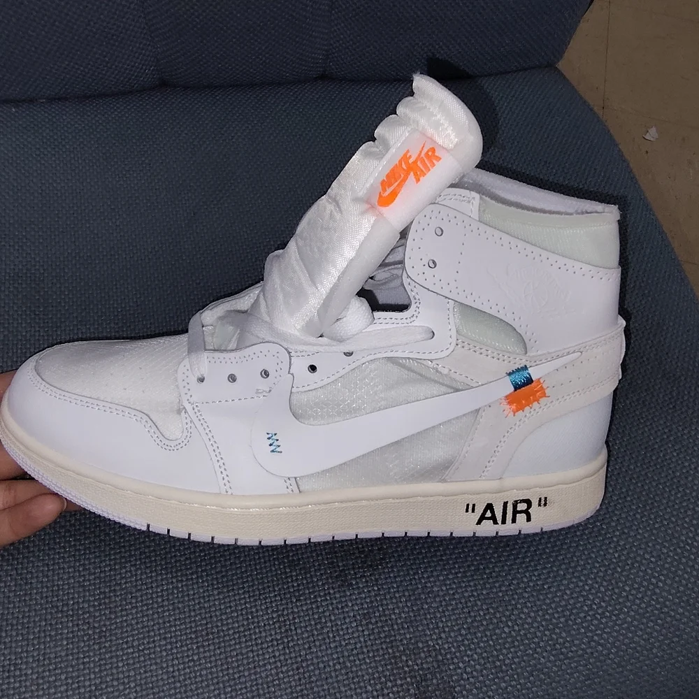 Off-White White High-Top Sneaker with Orange and Blue Accents - Picture 1 of 4